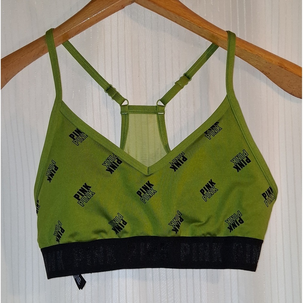 PINK by Victoria Secret Sport Bra Size S Green‎ All Over Logo Racerback Active